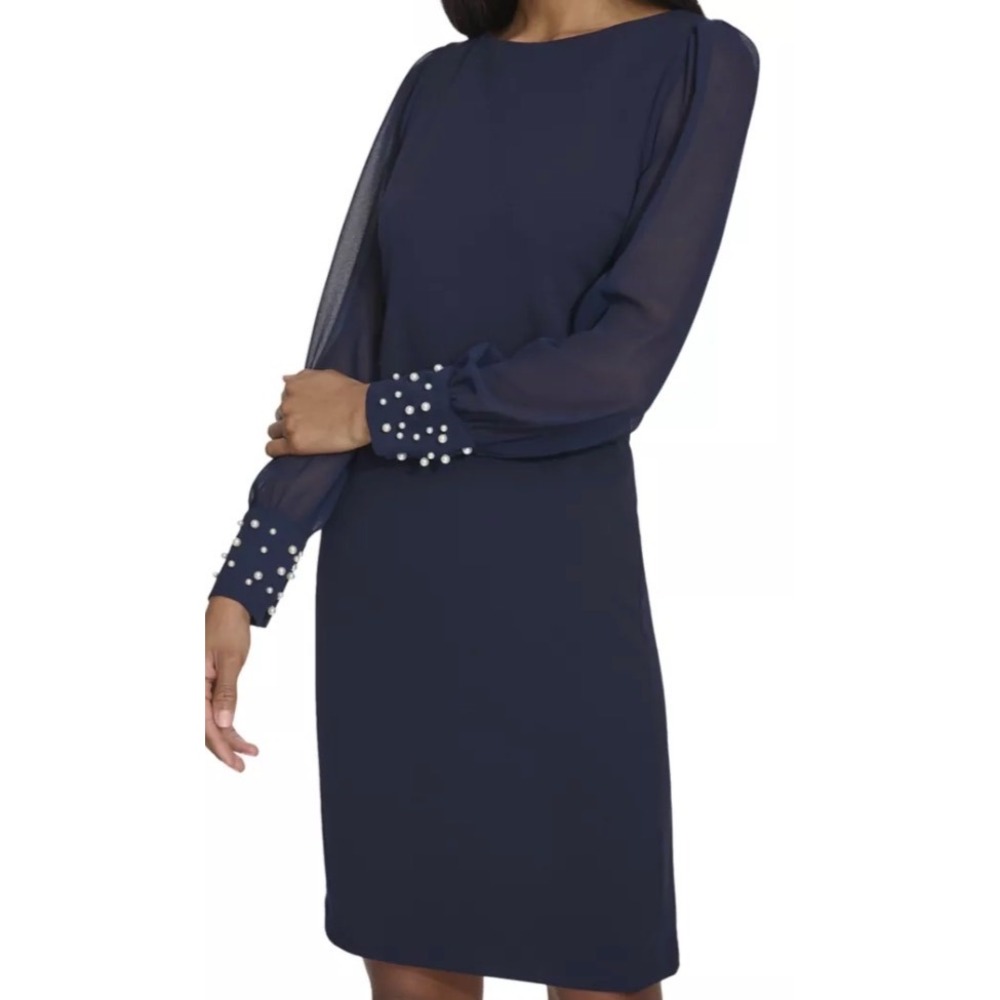 Karl Lagerfeld Paris Navy Blue Pearl Cuff Sheath Dress Size 10 Sheer Sleeve